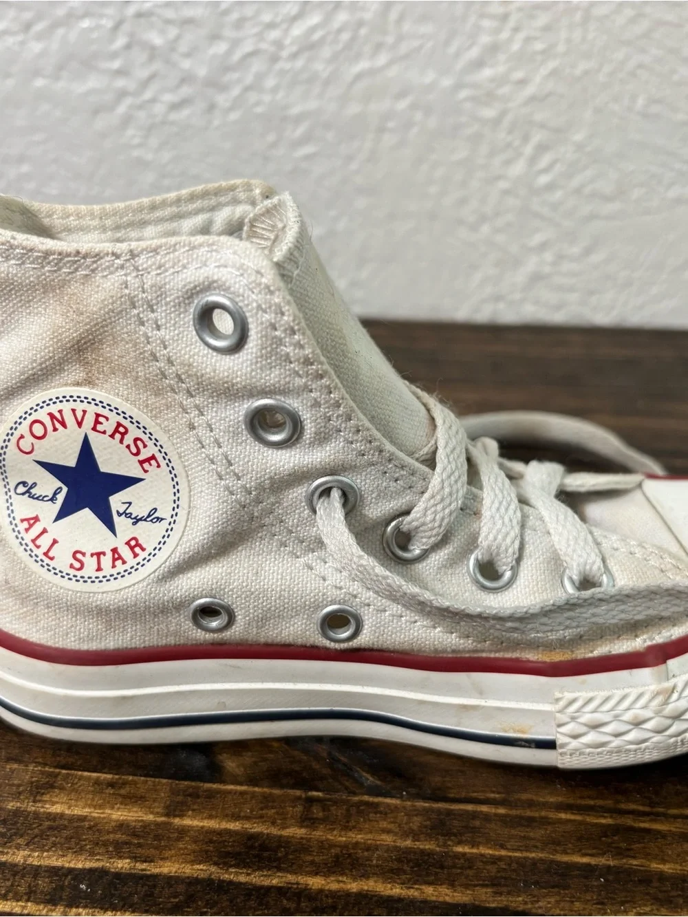 Converse Kids High-Top Canvas Sneakers in Off-White with Red Trim